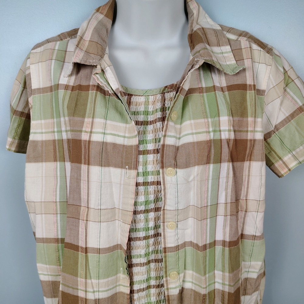 Lemon Grass Studio Womens Small Green Brown Plaid 2 Piece Shirt and Tank Set